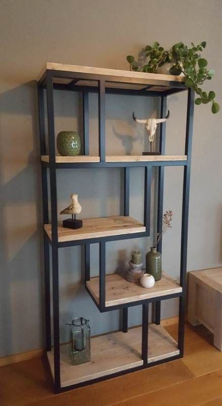 Welded metal shelving unit with wood shelves
