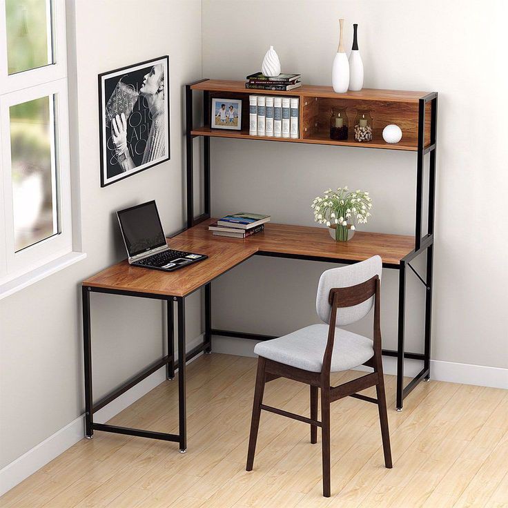 Metal-frame L-shaped desk with hutch