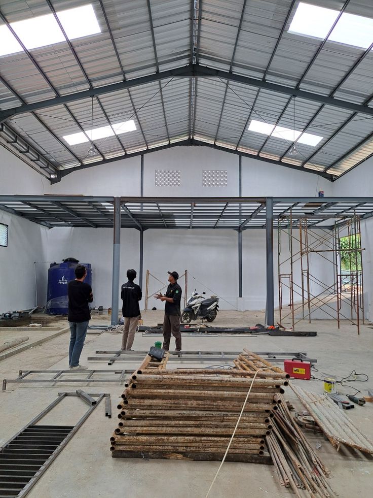 Warehouse steel frame with mezzanine under construction